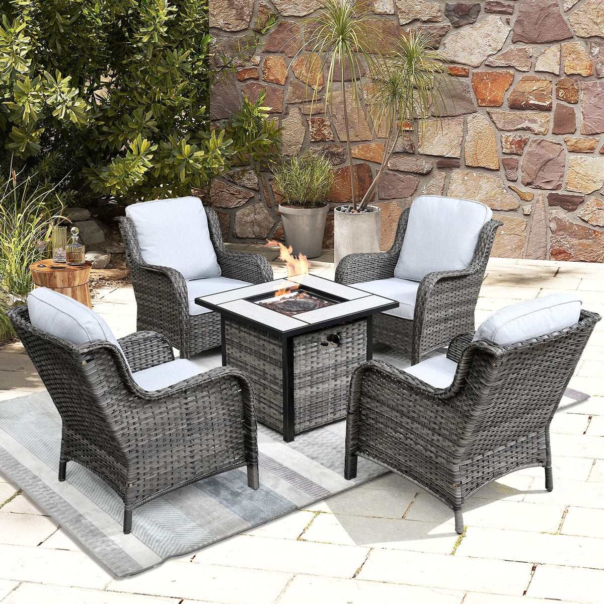 Rattan Wicker 5-piece Patio Furniture Set with Fire Pit Grey L667