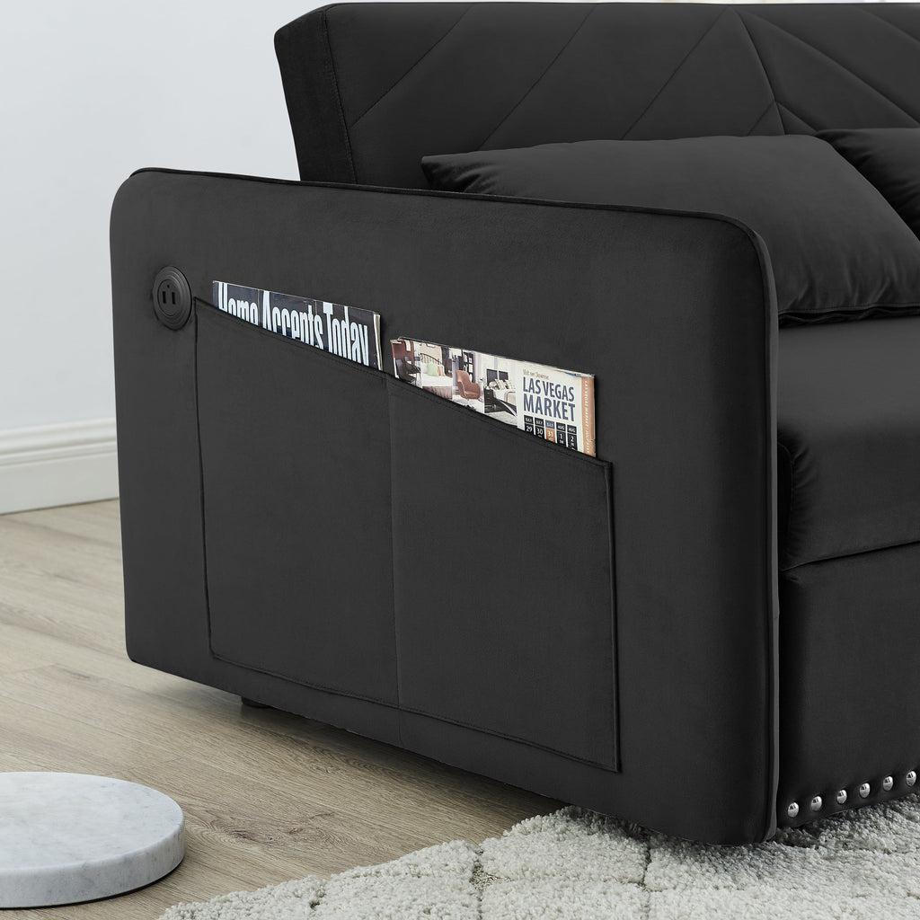 Black Velvet 3 in 1 Sleeper Sofa Couch Bed with 2 USB Ports C2249