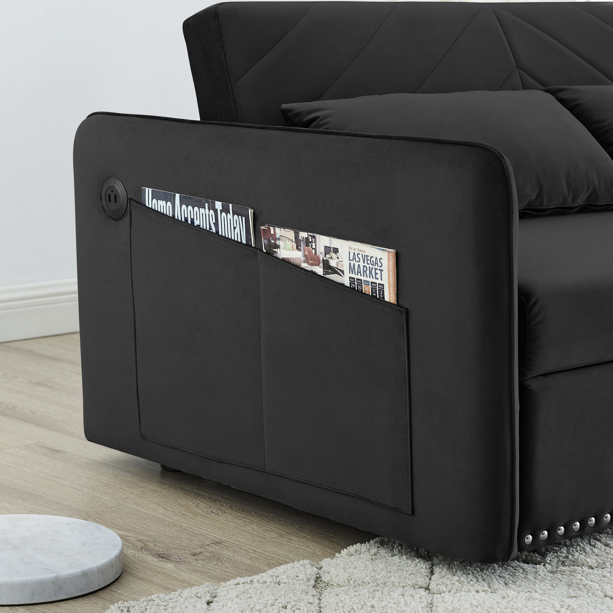 Black Velvet 3 in 1 Sleeper Sofa Couch Bed with 2 USB Ports C2249