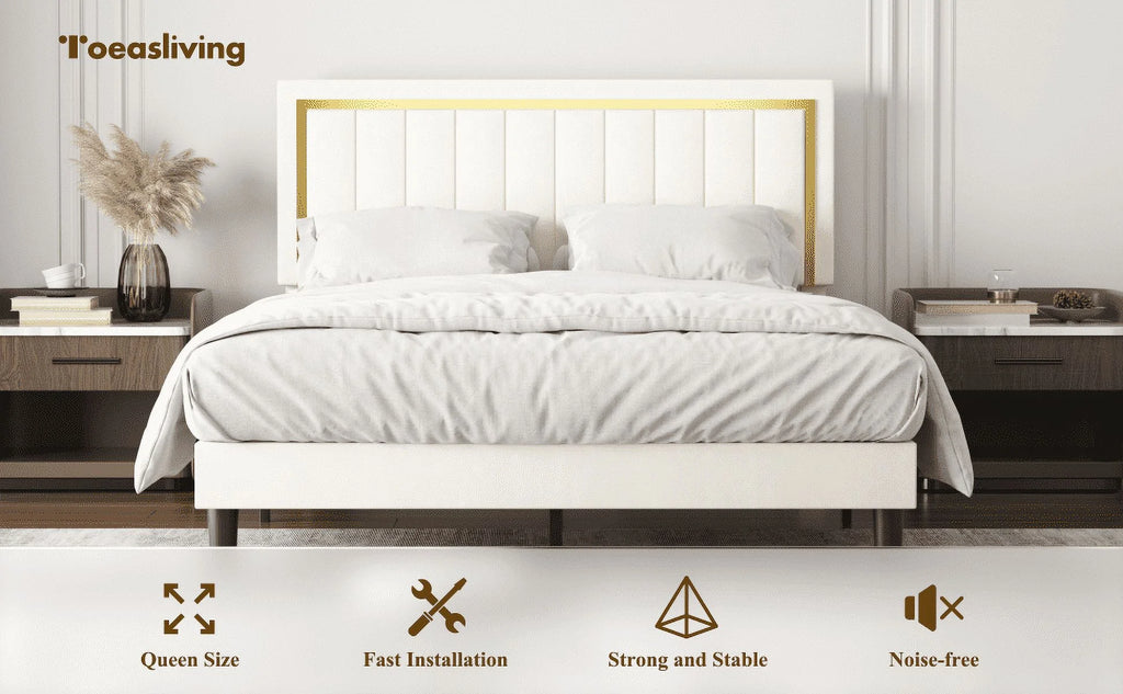 Upholstered Platform Bed Frame with Gold Trim Full Size Fabric Bed D63504