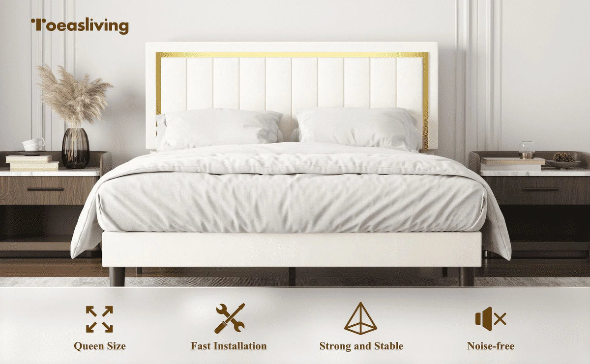 Upholstered Platform Bed Frame with Gold Trim Full Size Fabric Bed D63504