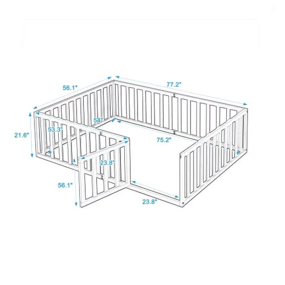 Full Size Wood Floor Bed with Fence Guardrails and Slats F707
