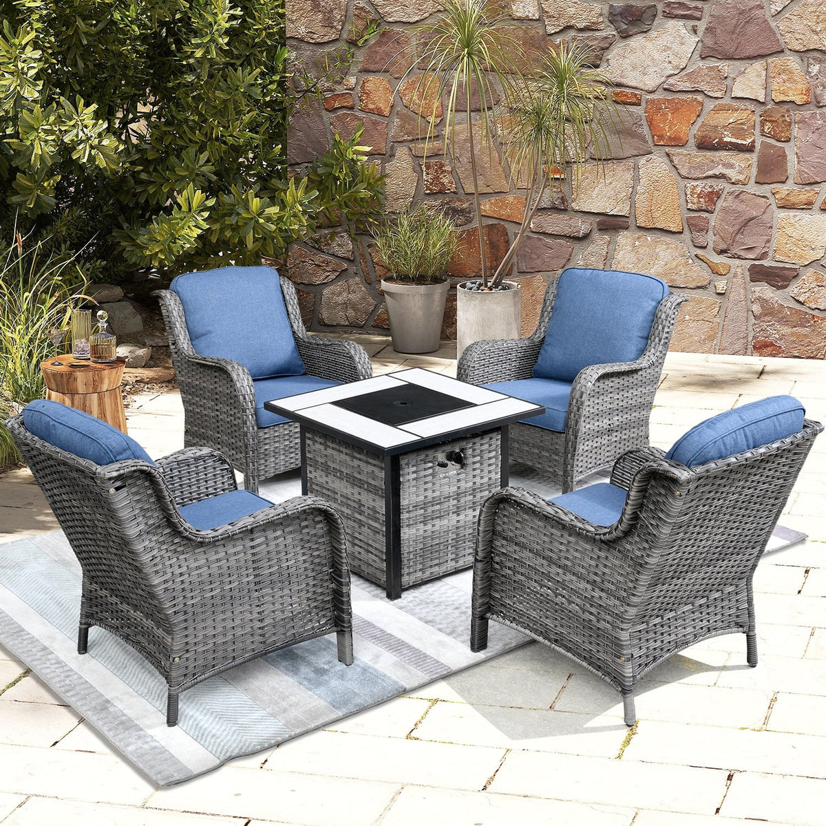 Rattan Wicker 5-piece Patio Furniture Set with Fire Pit Grey L667