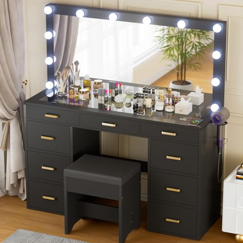 White Vanity Desk Set with Mirror and Lights, Glass Top, 9 Drawers, Power Outlet, Chair K5267