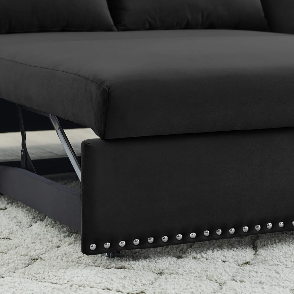 Black Velvet 3 in 1 Sleeper Sofa Couch Bed with 2 USB Ports C2249