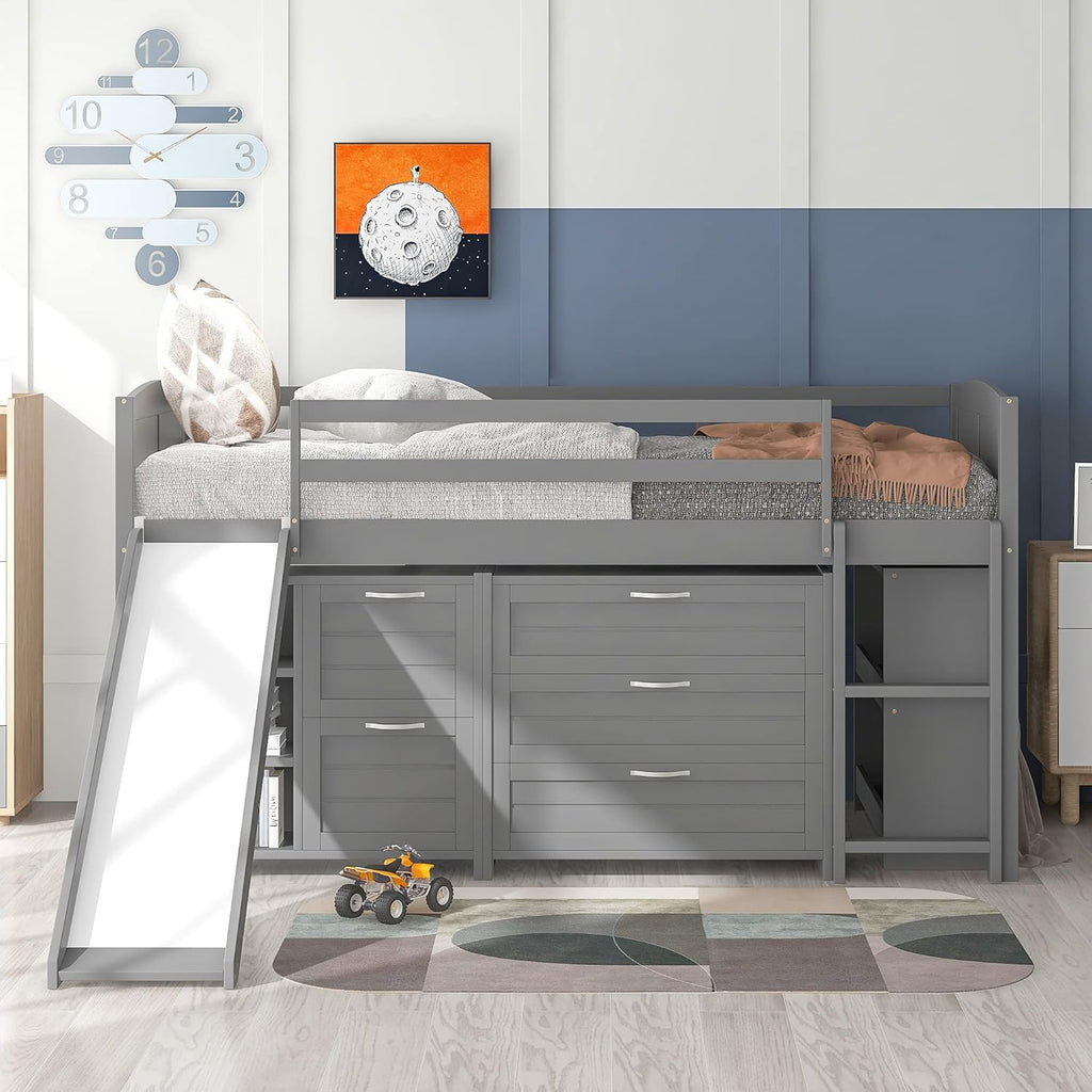 Twin Low Loft Bed with Desk and Cabinet Wooden Bed Frame Z150680
