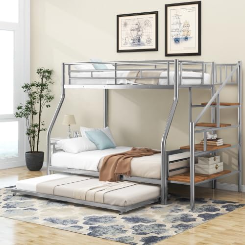 Black Twin Over Full Metal Bunk Bed with Trundle and Storage Staircase X583