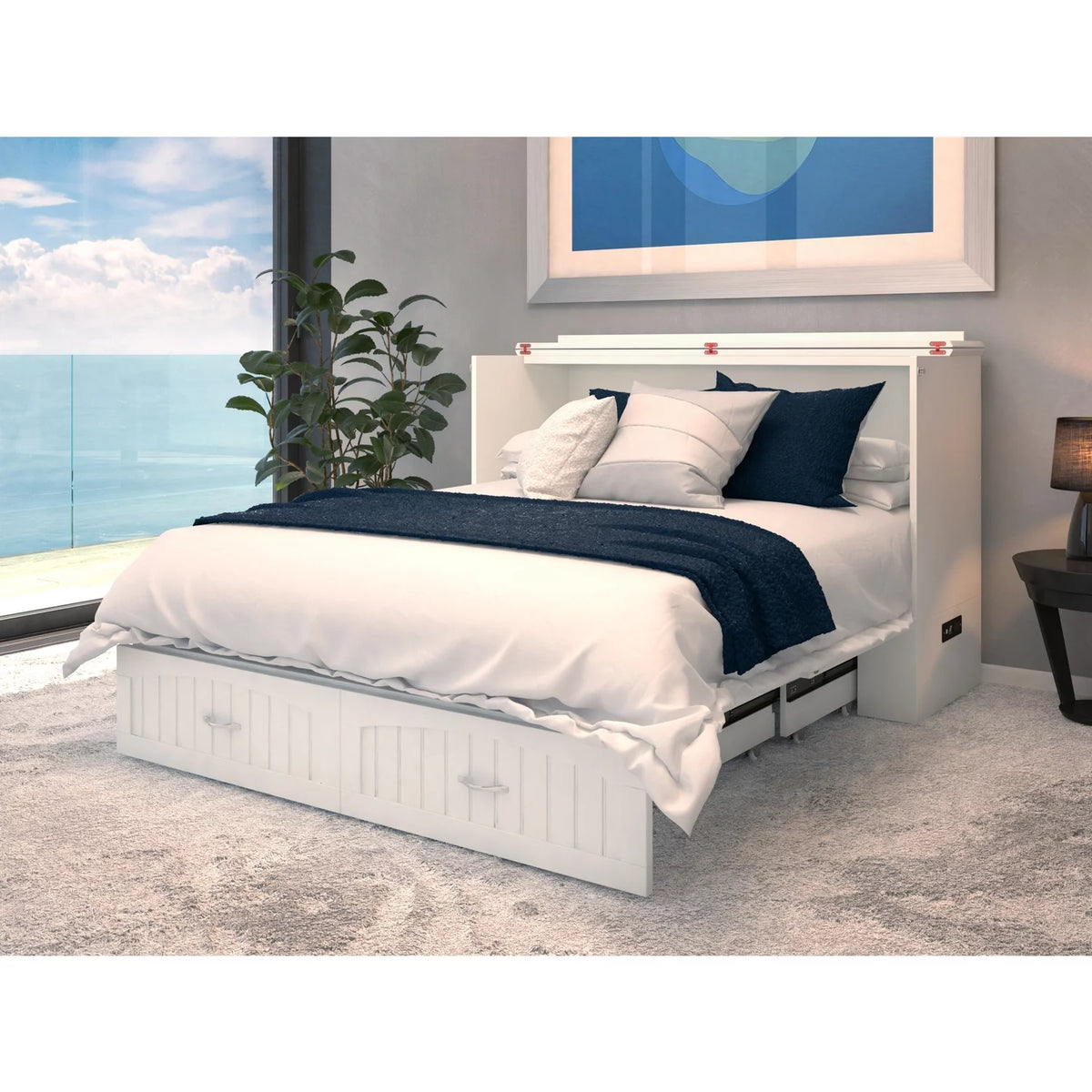 Queen Solid Wood Murphy Bed Chest with Mattress in White E860102