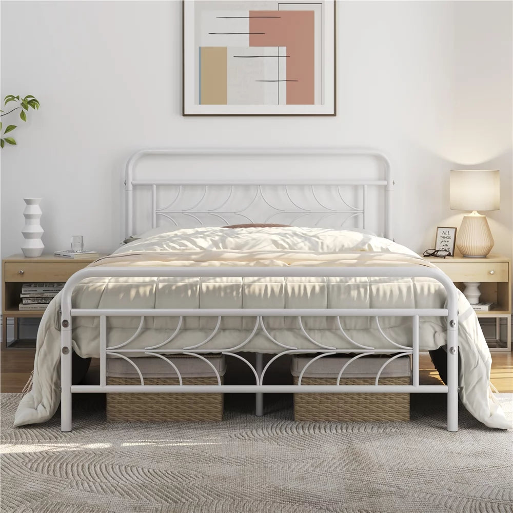 White Full Size Metal Bed with Headboard and Footboard U8532