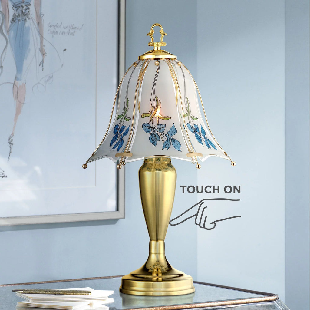 18" High Brass Accent Table Lamp Blue Floral Glass Shade E76368