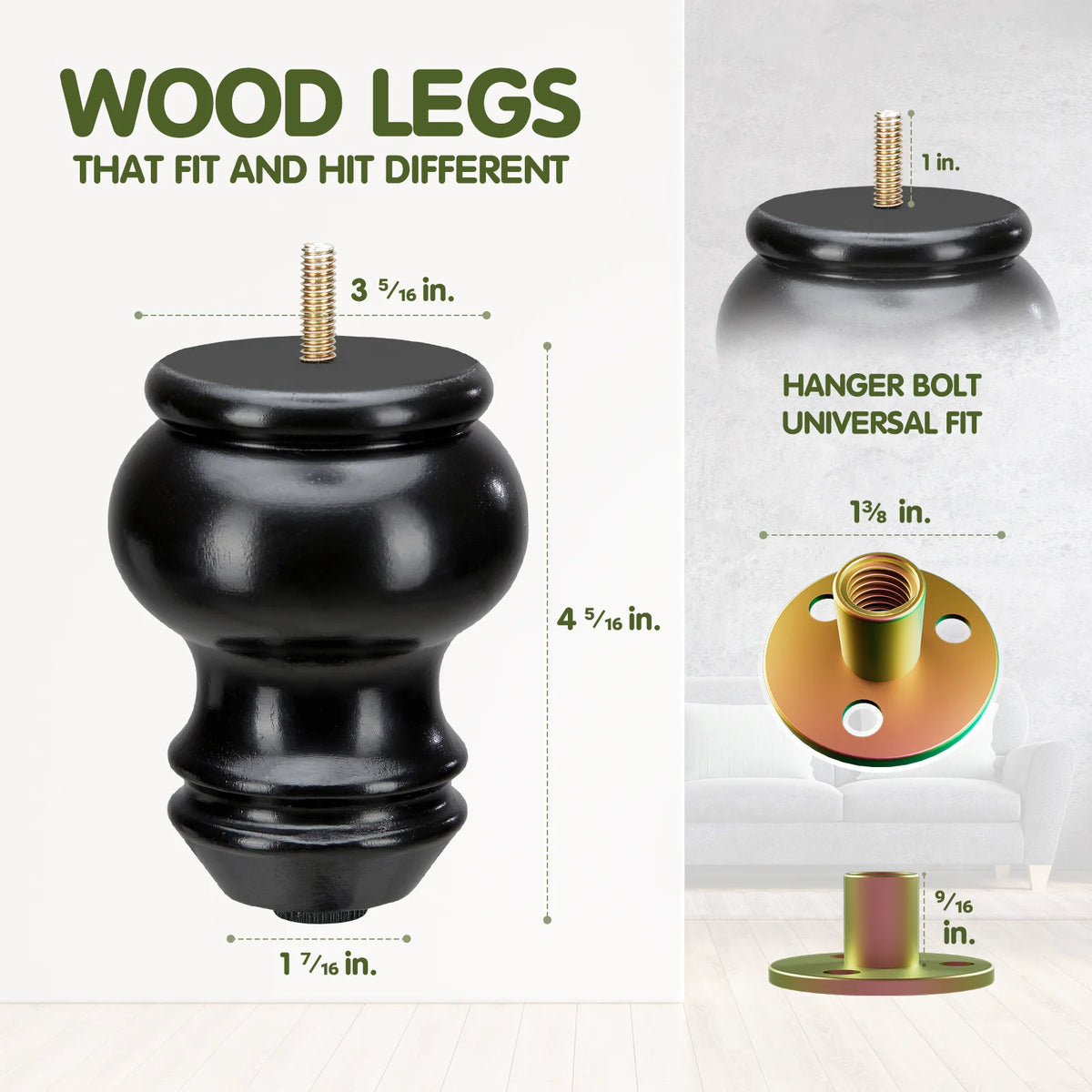 4 Inches Turned Concave Solid Wood Furniture Legs with Adjustable Leveler D5549