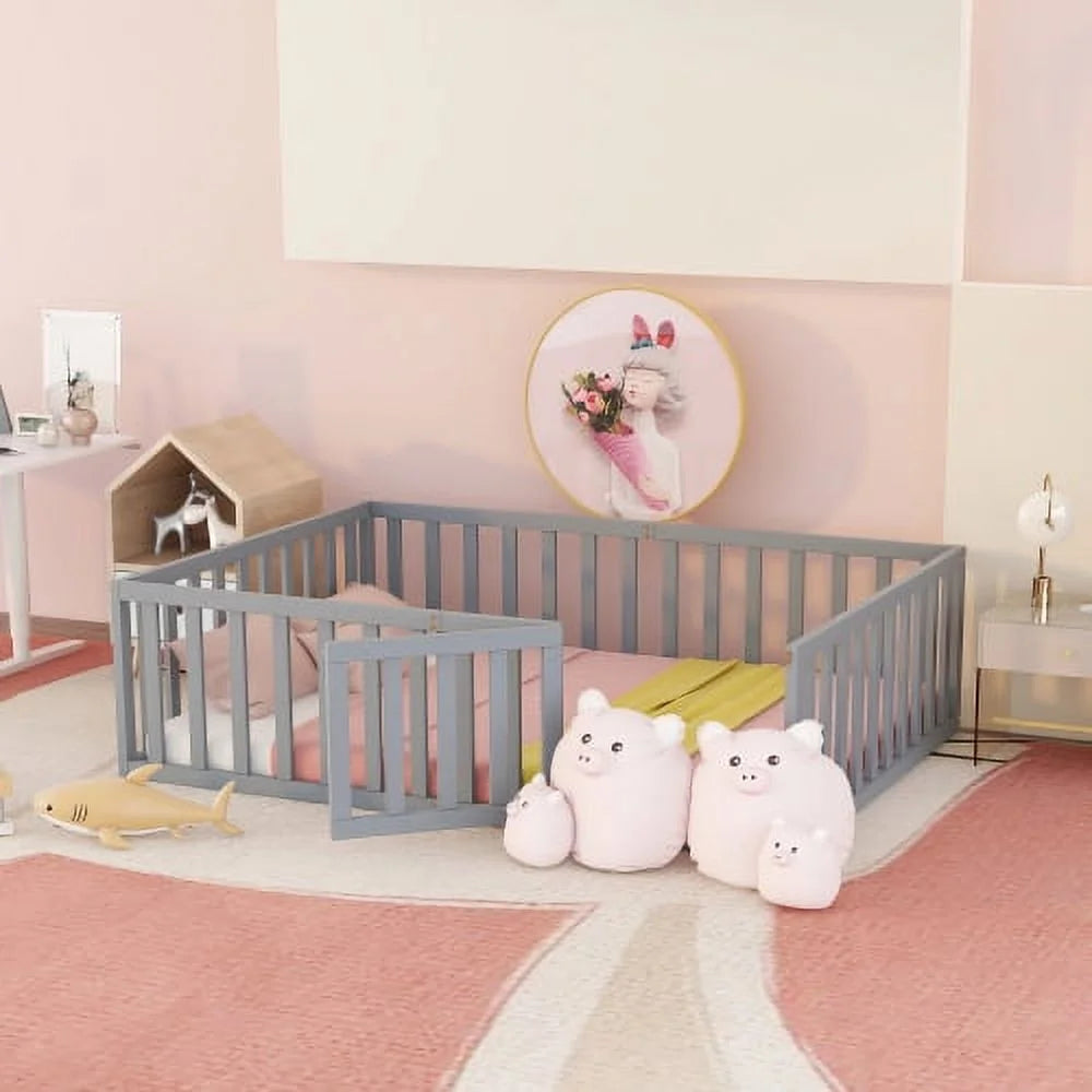 Full Size Wood Floor Bed with Fence Guardrails and Slats F707