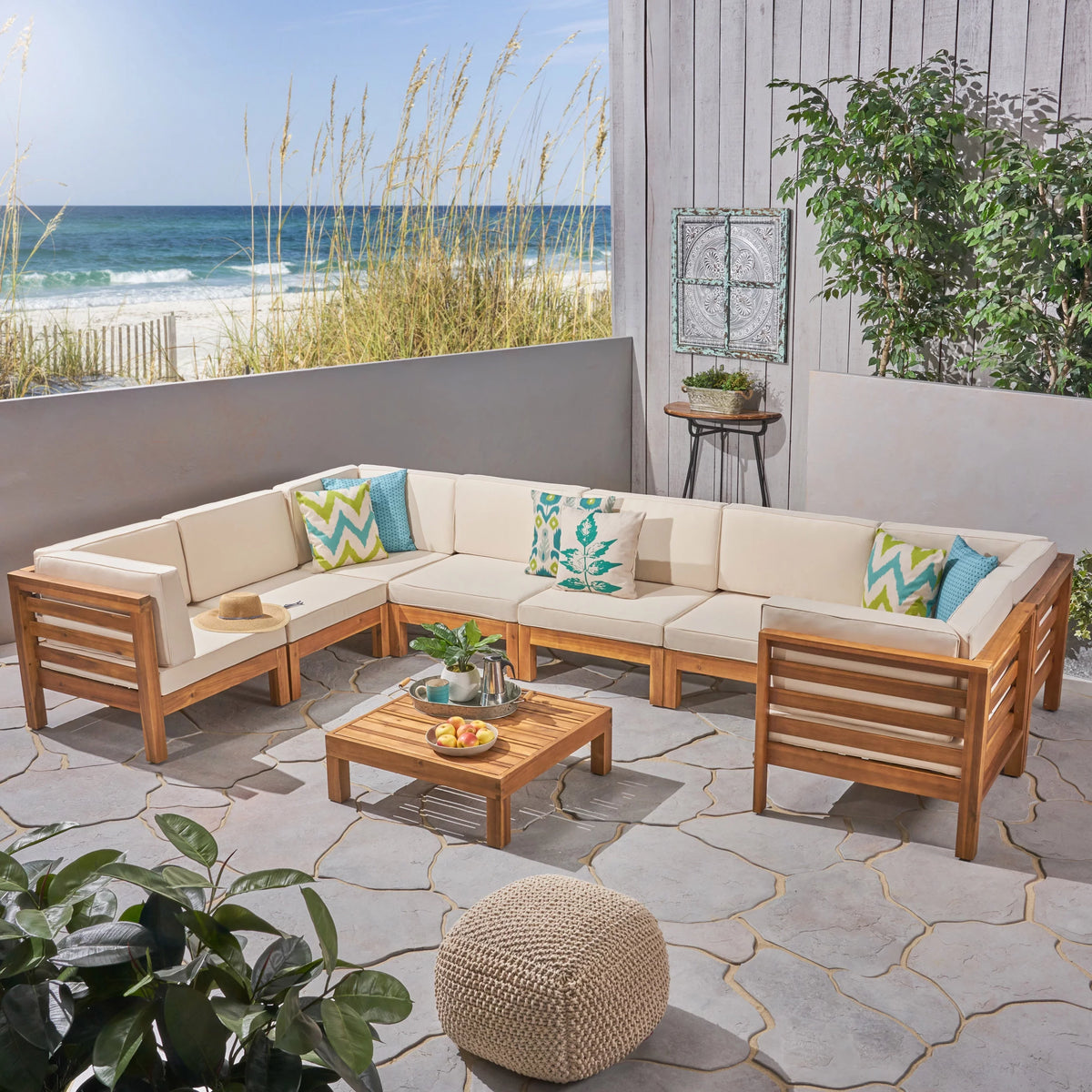 9 Piece Acacia Wood U-Shaped Sectional Sofa Set with Coffee Table and Cushions R213486