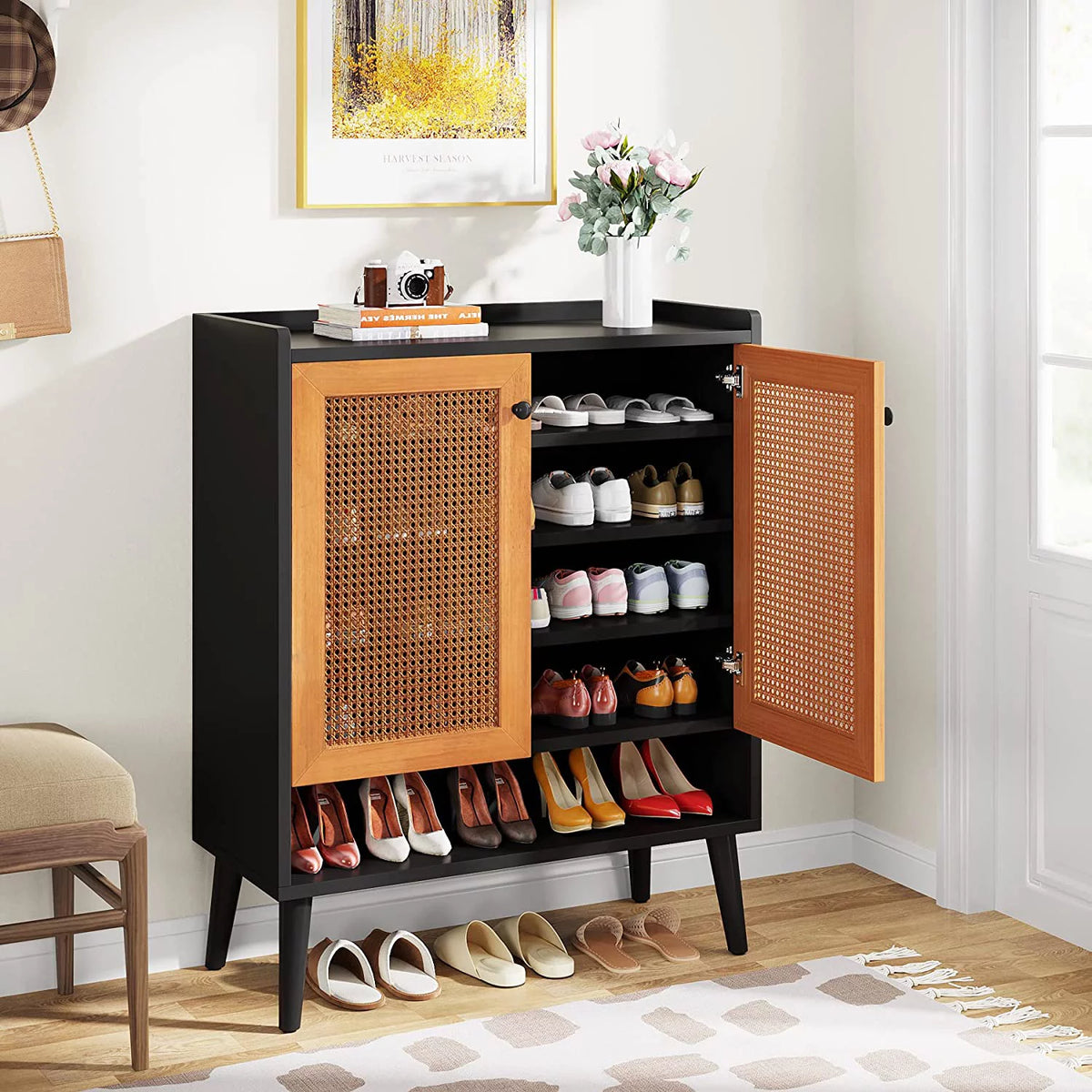 Black Orange 6 Tiers Rattan Shoe Cabinet with Doors Z62795