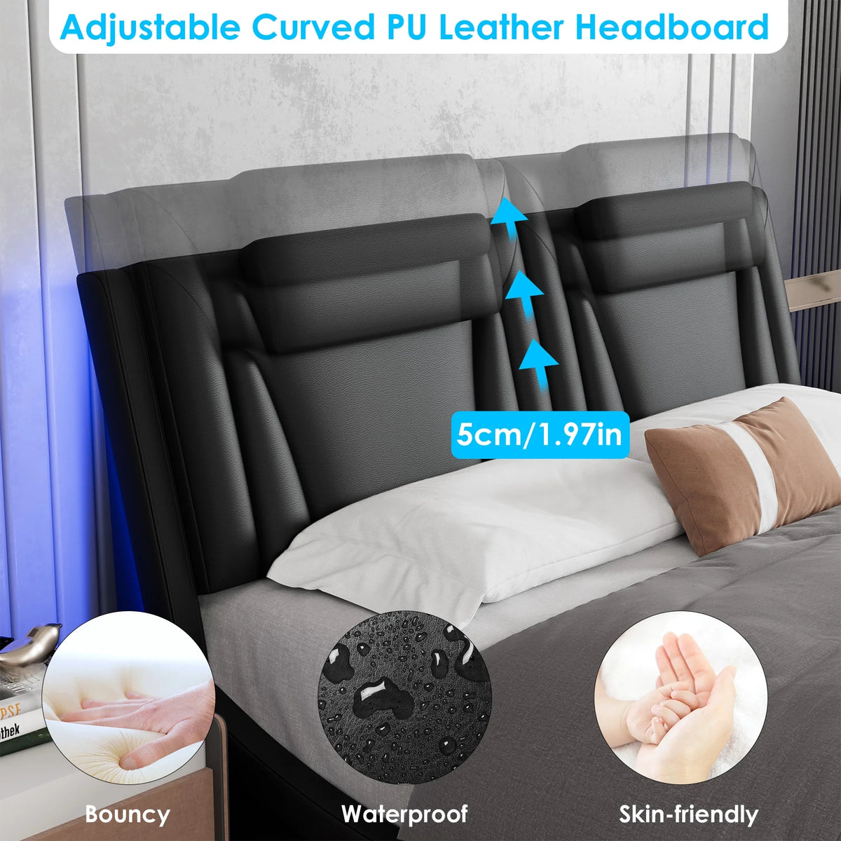 Queen LED PU Leather Upholstered Platform Bed with Adjustable Headboard W6458
