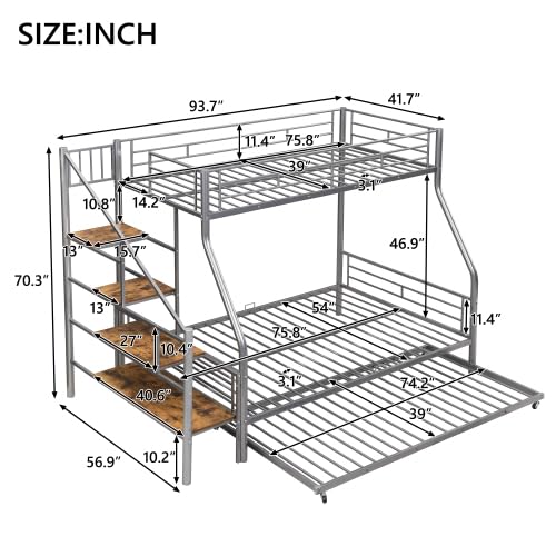 Black Twin Over Full Metal Bunk Bed with Trundle and Storage Staircase X583