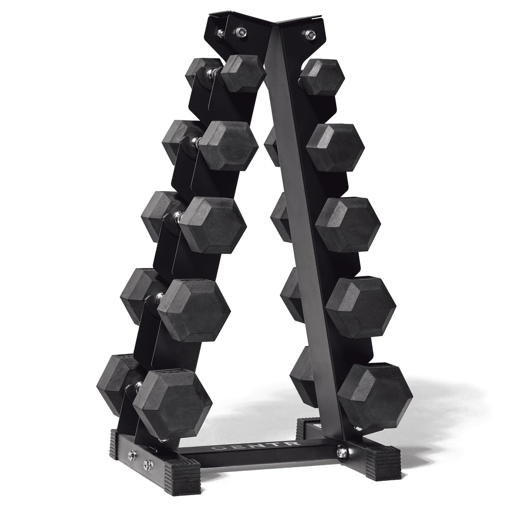 150 lb Rubber Hex Dumbbell Set with Rack T90240