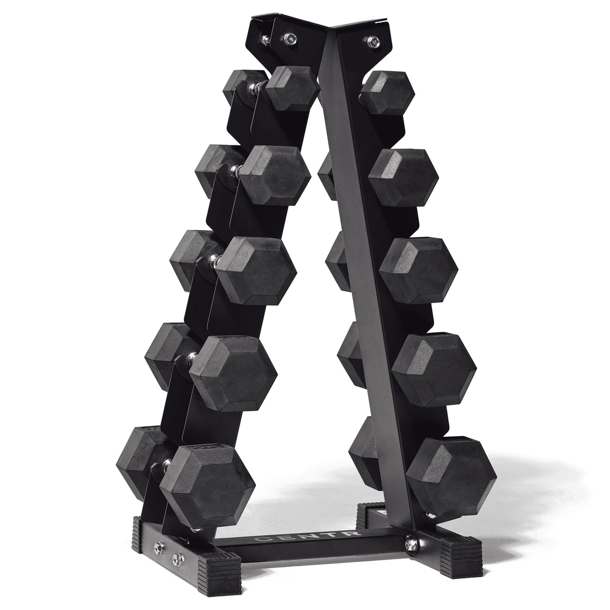 150 lb Rubber Hex Dumbbell Set with Rack T90240