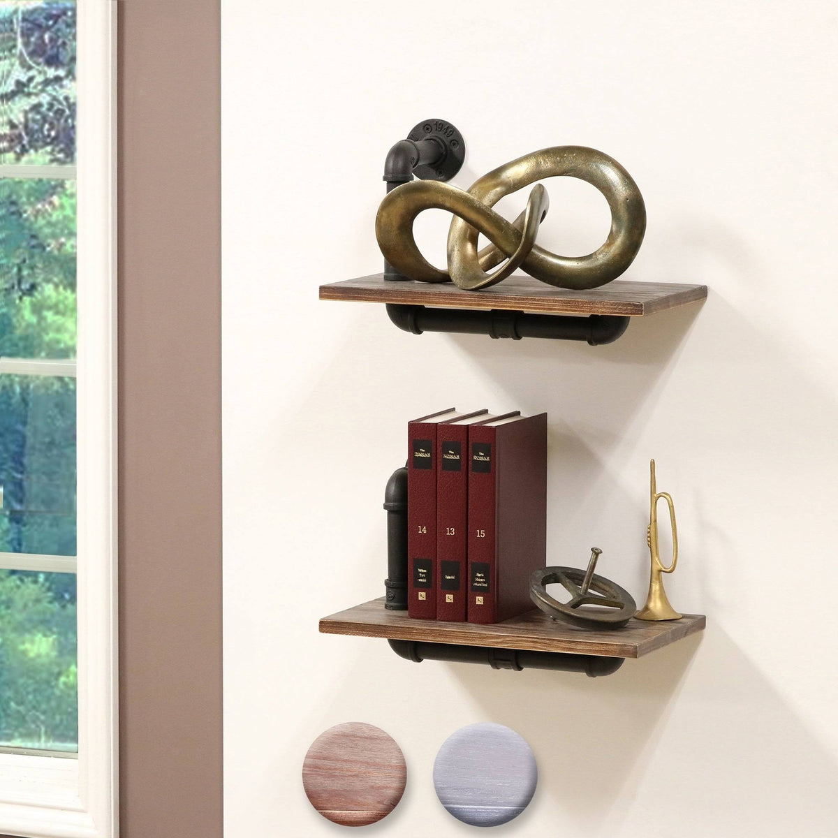 Weathered Wood and Black Pipe Wall Shelves Q359