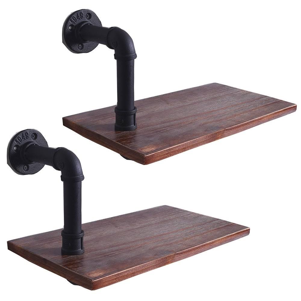 Weathered Wood and Black Pipe Wall Shelves Q359