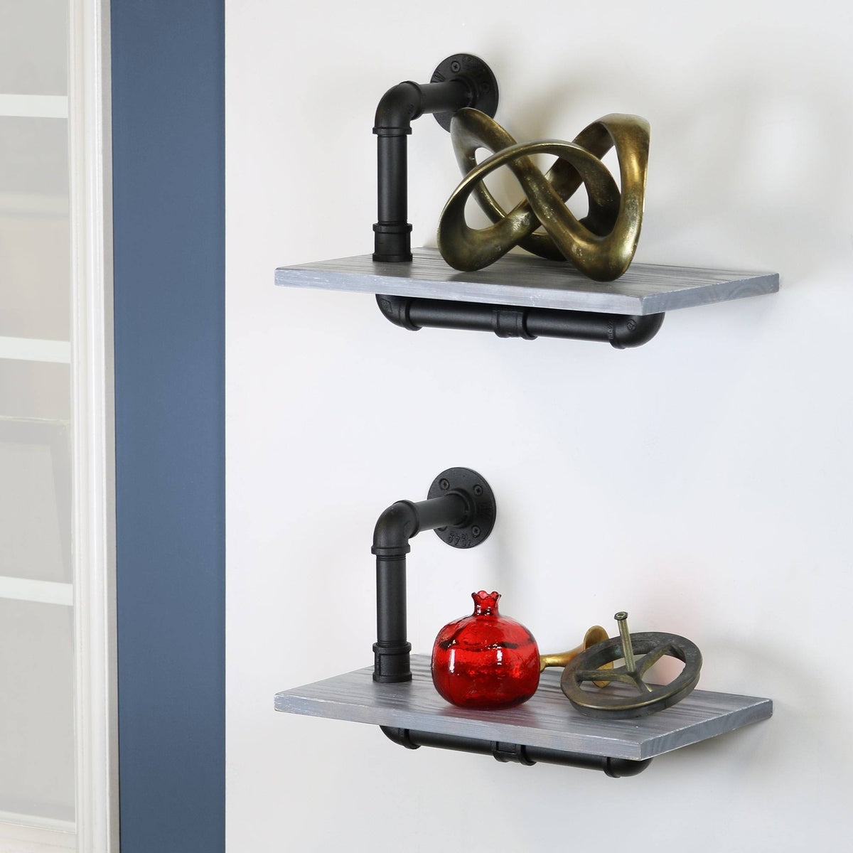 Weathered Wood and Black Pipe Wall Shelves Q359