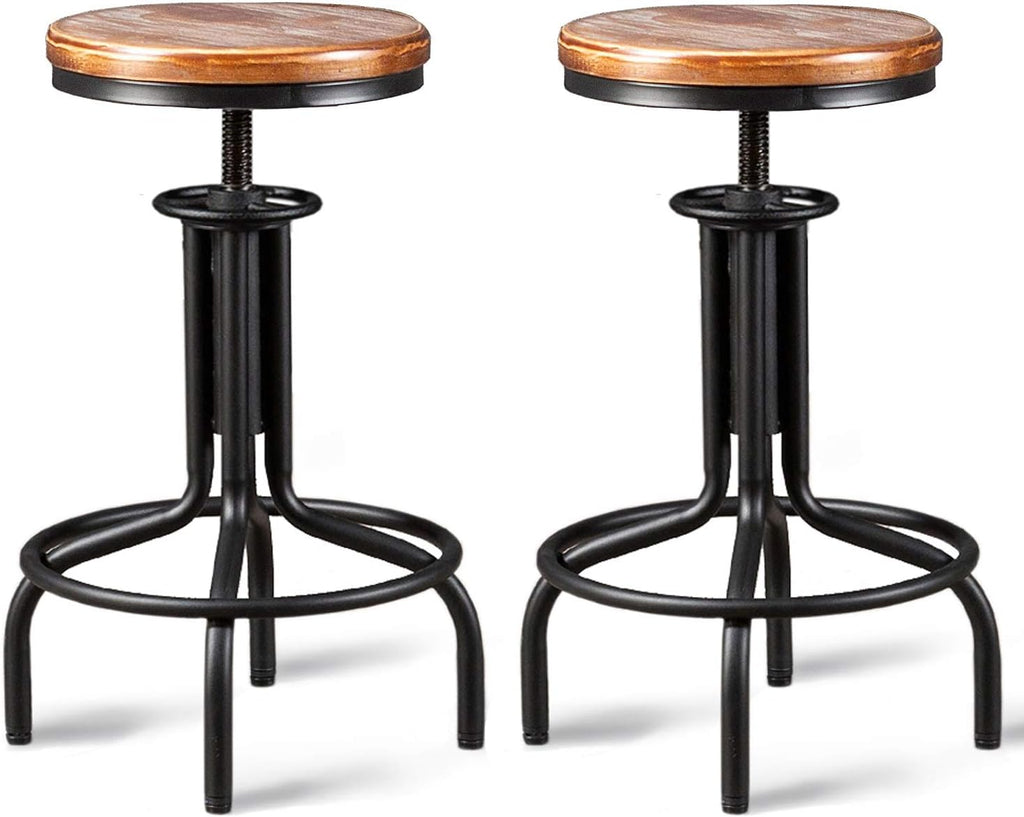 Metal Adjustable Height Bar Stool Set of 2 Black Wooden Top L381