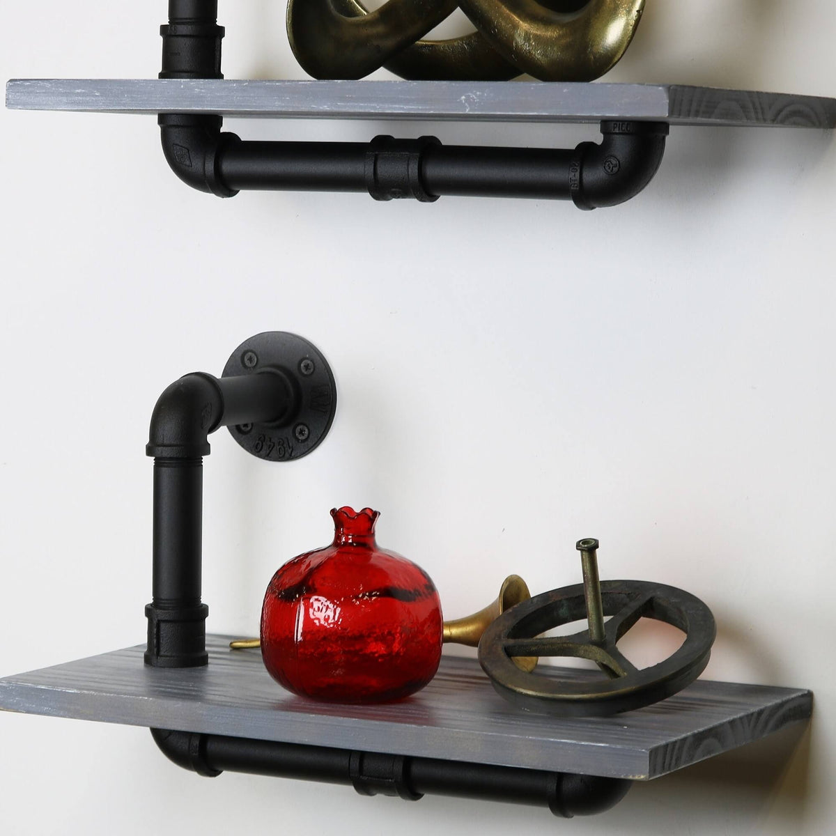 Weathered Wood and Black Pipe Wall Shelves Q359
