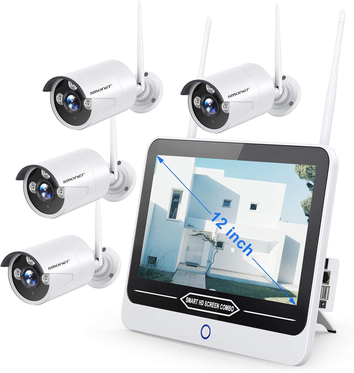 Wireless Security Camera System with 12” Monitor, 8 Channel 4pcs 1080P Indoor Outdoor IP Cameras, Night Vision A4563