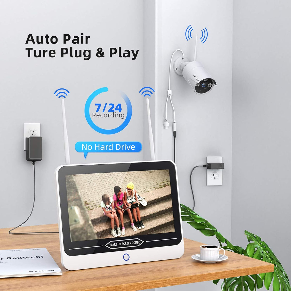 Wireless Security Camera System with 12” Monitor, 8 Channel 4pcs 1080P Indoor Outdoor IP Cameras, Night Vision A4563