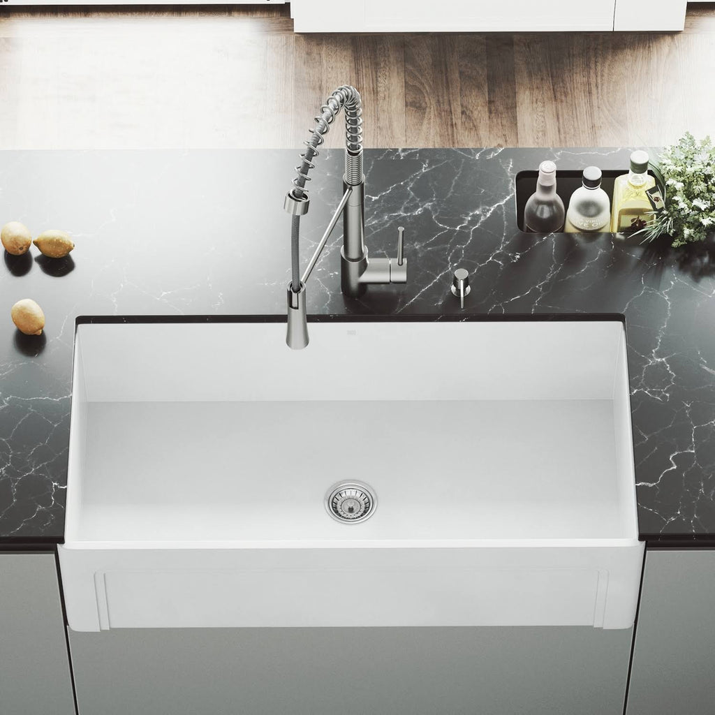 White Matte Stone Farmhouse Kitchen Sink with Grid N828