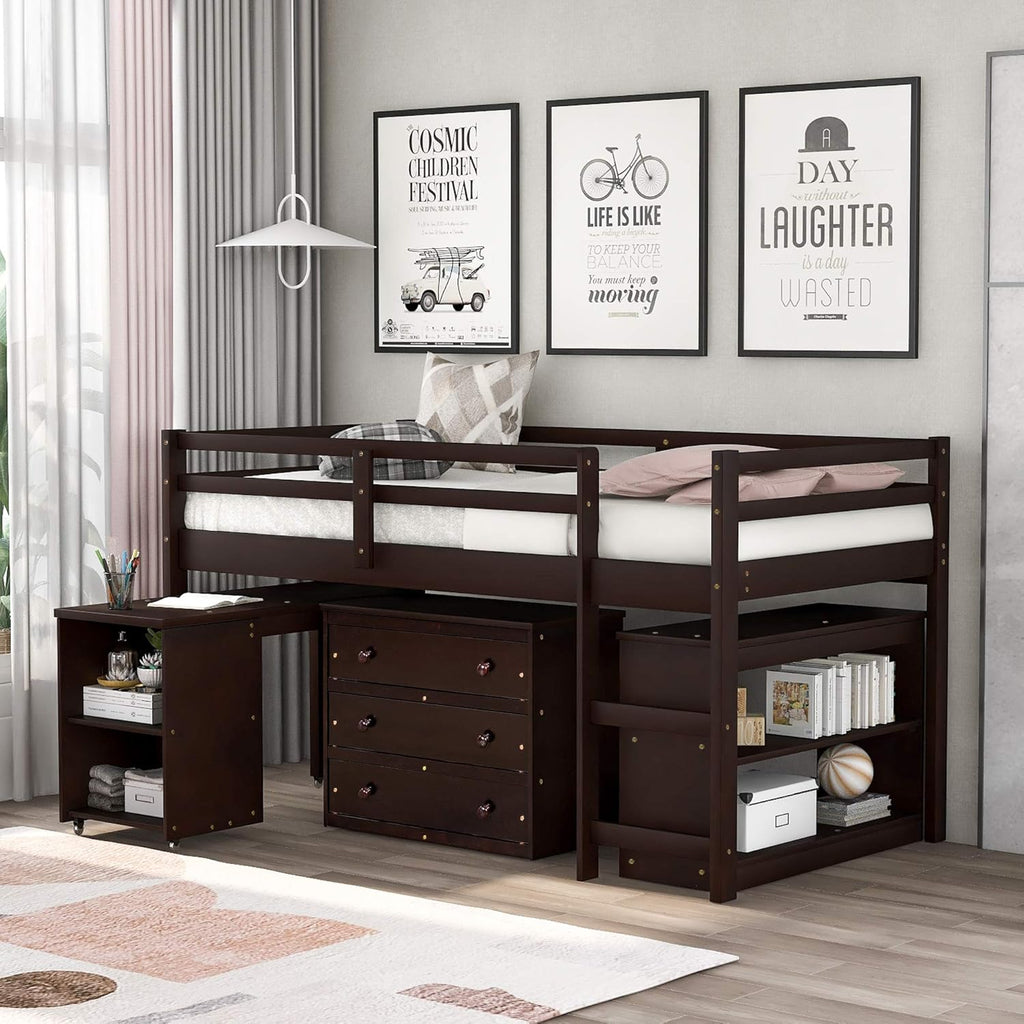 Twin Low Loft Bed with Desk and Cabinet Wooden Bed Frame Z150680