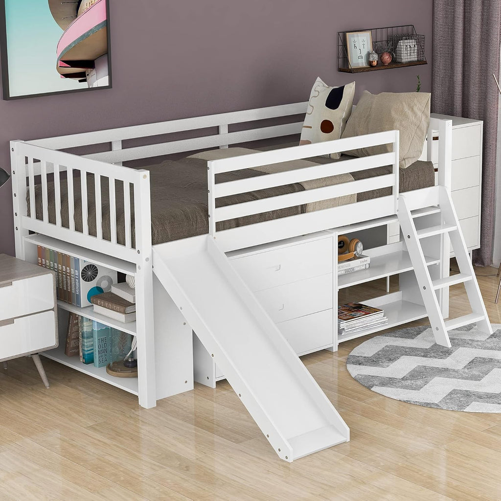 Twin Low Loft Bed with Desk and Cabinet Wooden Bed Frame Z150680