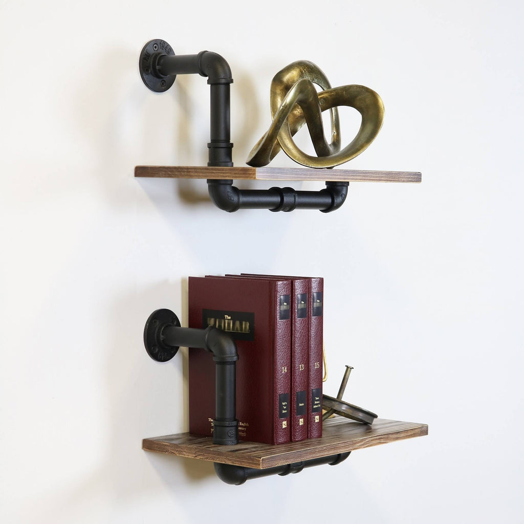 Weathered Wood and Black Pipe Wall Shelves Q359