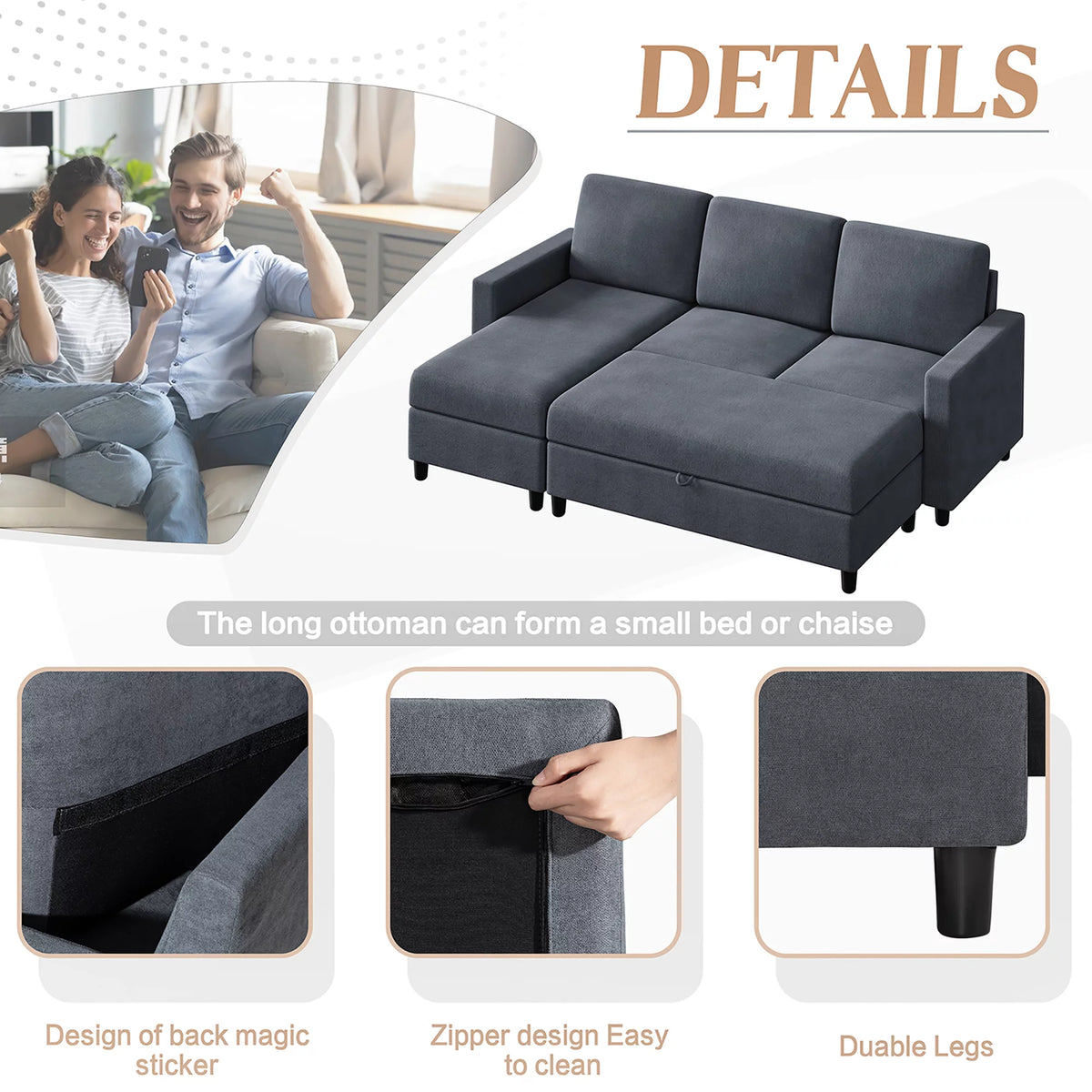 L-Shaped Convertible Sectional Sofa with Storage Ottoman D37353