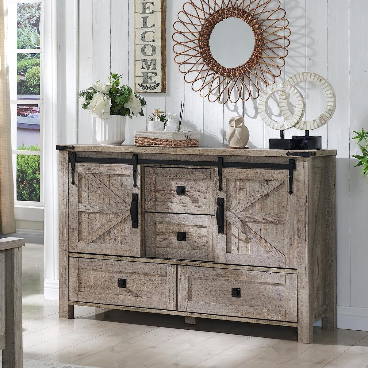 White 4 Drawer Dresser with Barn Door K6496