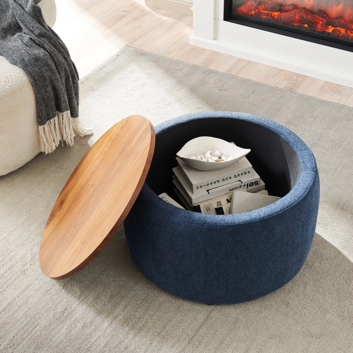 Round Storage Ottoman with Wood Cover S868