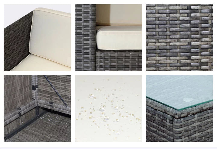 5 Piece Grey PE Rattan Wicker Patio Conversation Set with Glass Coffee Table and Ottomans P740899
