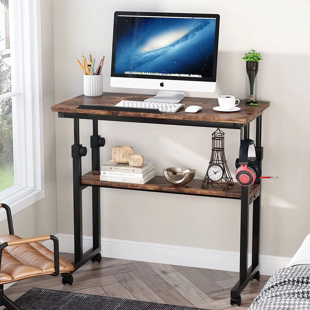 Height Adjustable Bedside Table on Wheels Brown V266