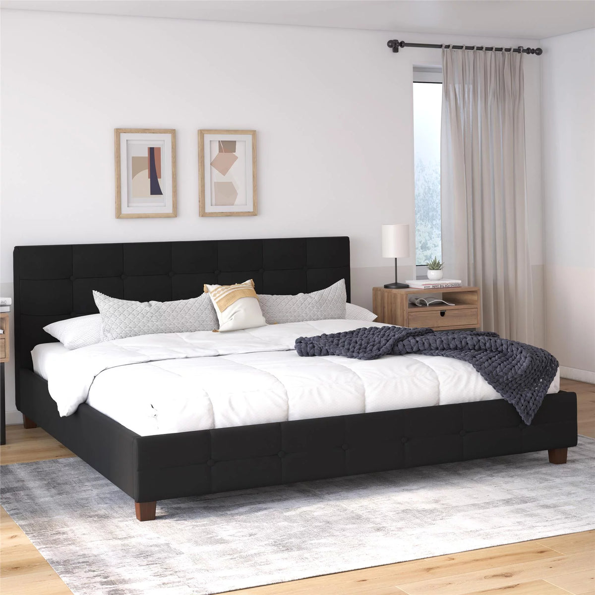 Black Linen King Upholstered Platform Bed Frame M28852