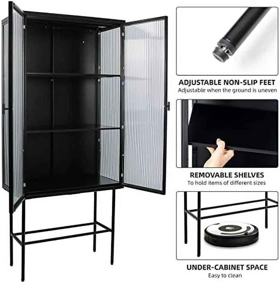 Black Fluted Glass Cabinet with Removable Shelves V26938