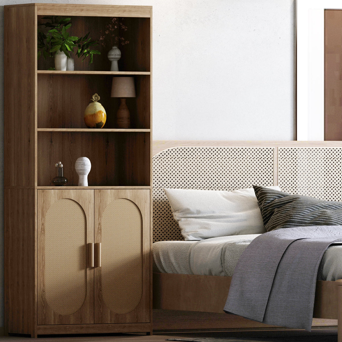5 Tier Rattan Wood Bookshelf with Doors E9815