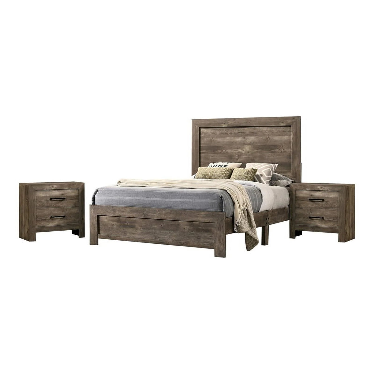 3-Piece Natural Wood Bedroom Set Queen 2 Nightstands Q119