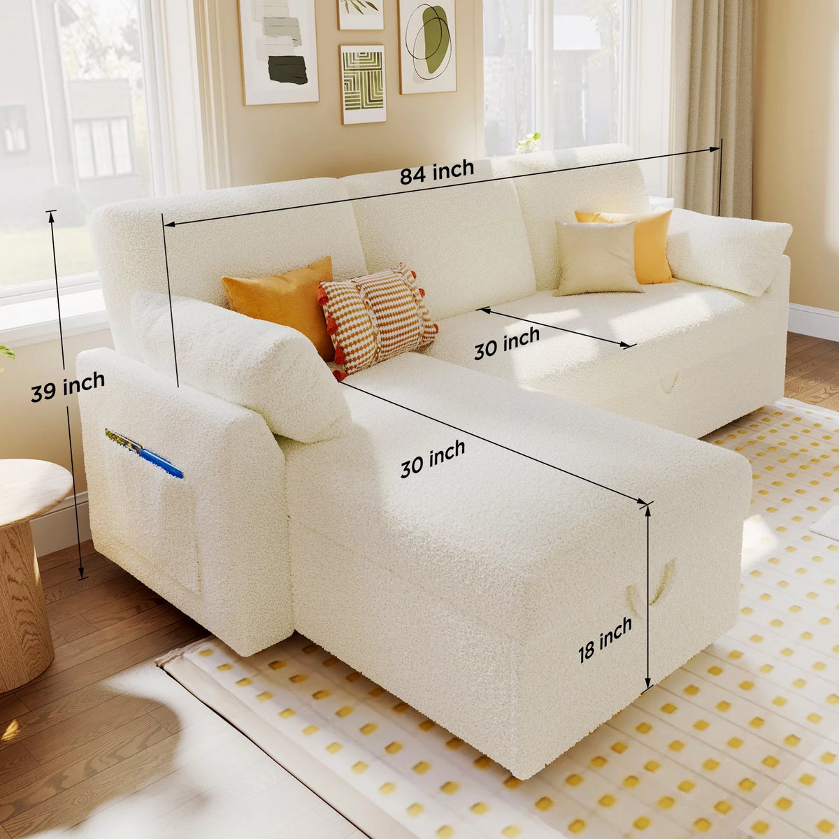 White Sherpa Sofa Bed with Storage Chaise K440488