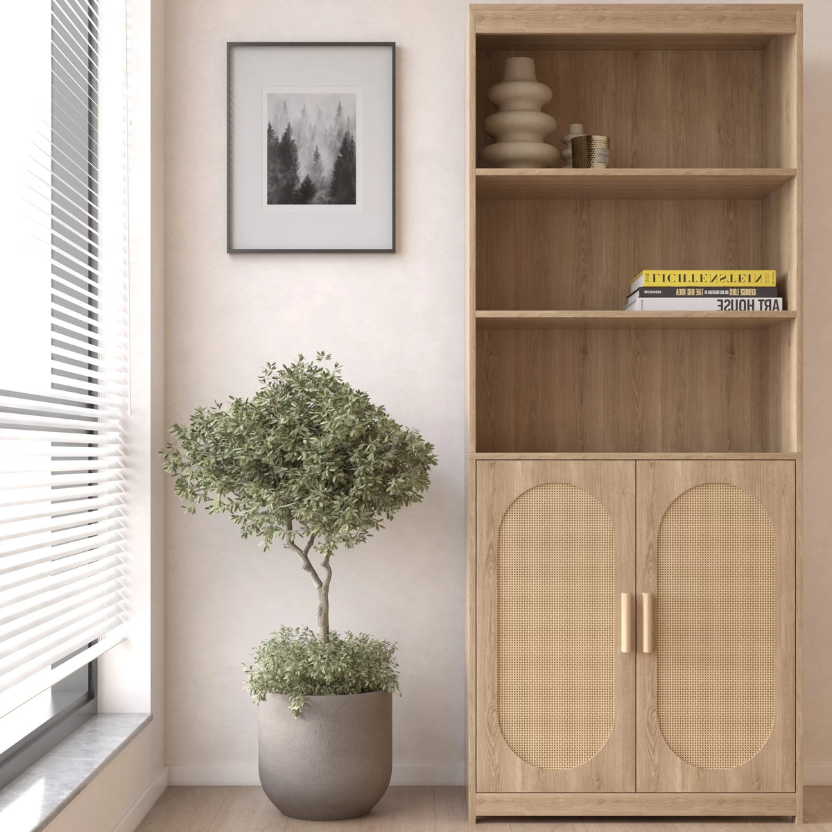 5 Tier Rattan Wood Bookshelf with Doors E9815