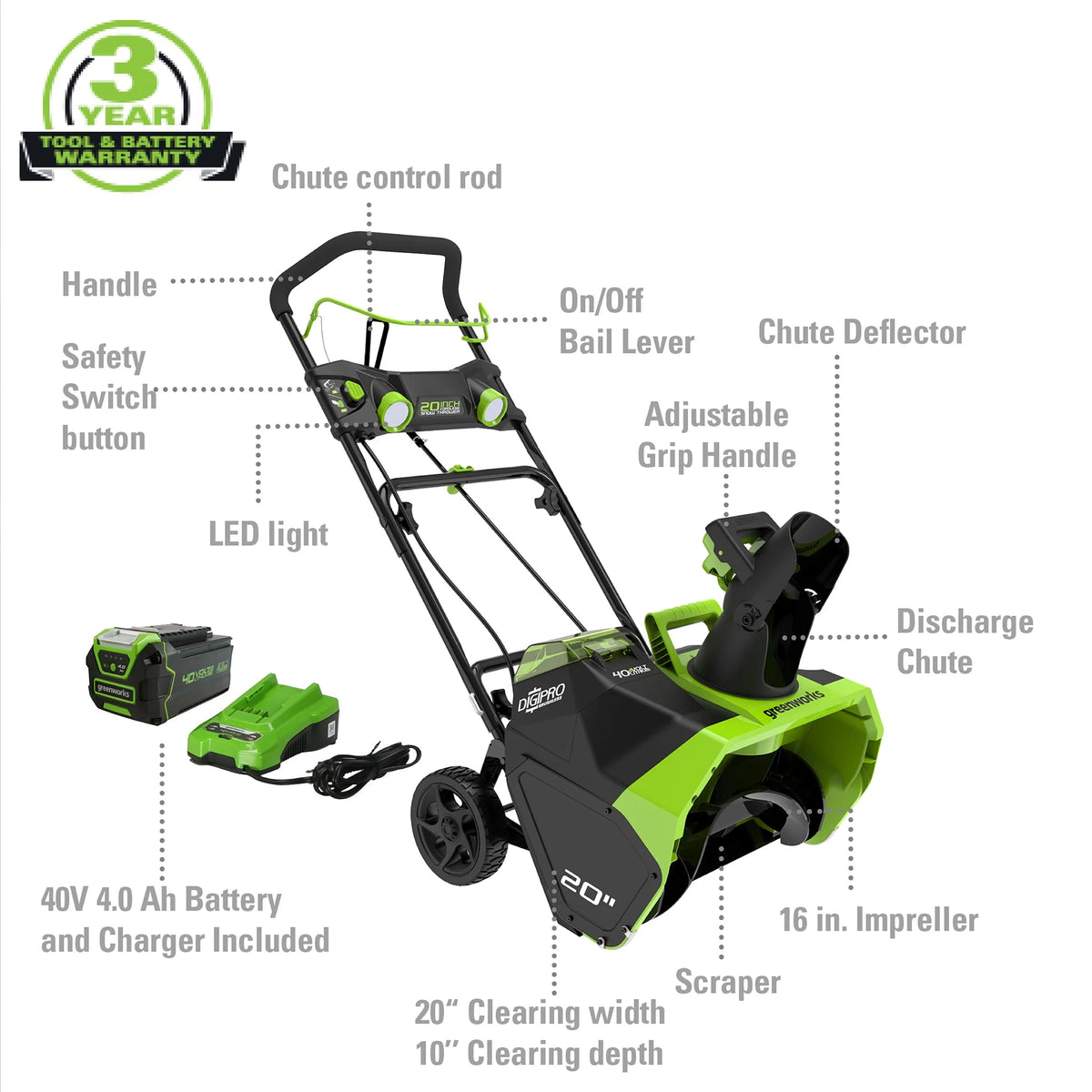 40V 20-inch Cordless Brushless Snow Blower with 4.0 Ah Battery and Charger H8436