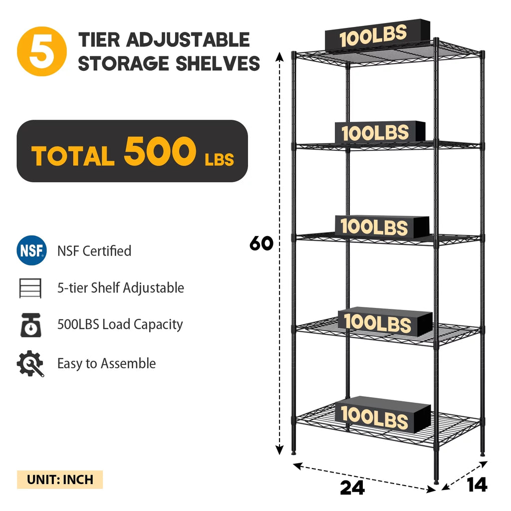 5-Shelf Adjustable Metal Wire Shelving Unit 24" L x 14" W x 60" H Black X262