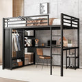 Full Size White Metal Loft Bed with Desk and Wardrobe D592
