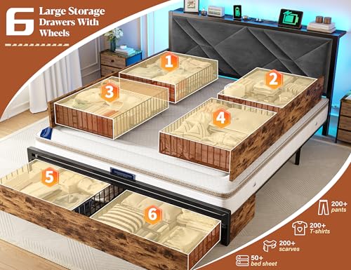 Queen Size Bed Frame with 6 Storage Drawers and LED Lights U9046
