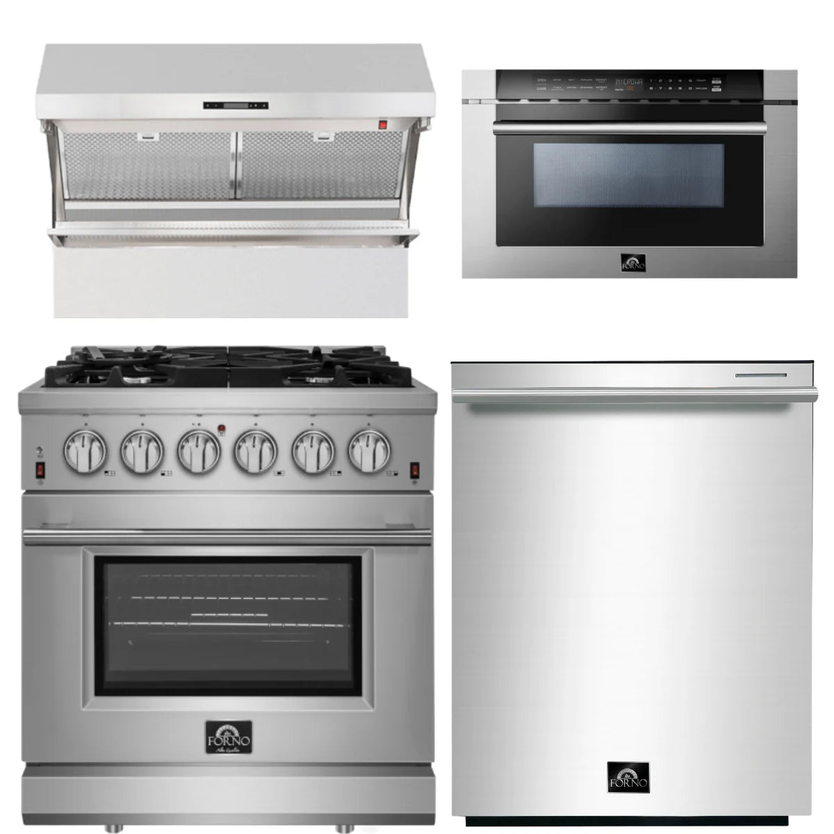 30 Inch Gas Range, Wall Mount Range Hood, Microwave Drawer, Dishwasher J794