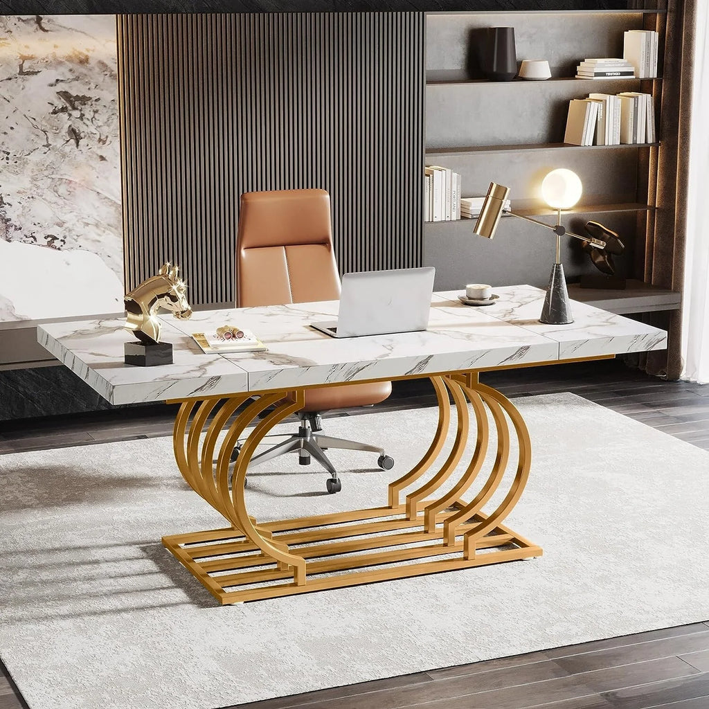 63" White and Gold Office Desk U893